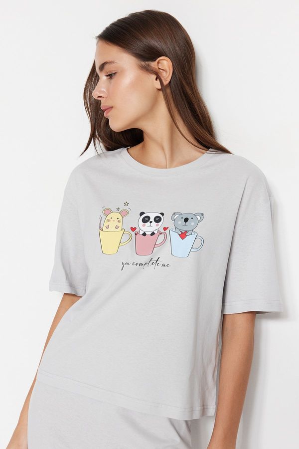 Trendyol Trendyol Light Gray 100% Cotton Fun Printed T-shirt-Pants and Knitted Pajamas Set