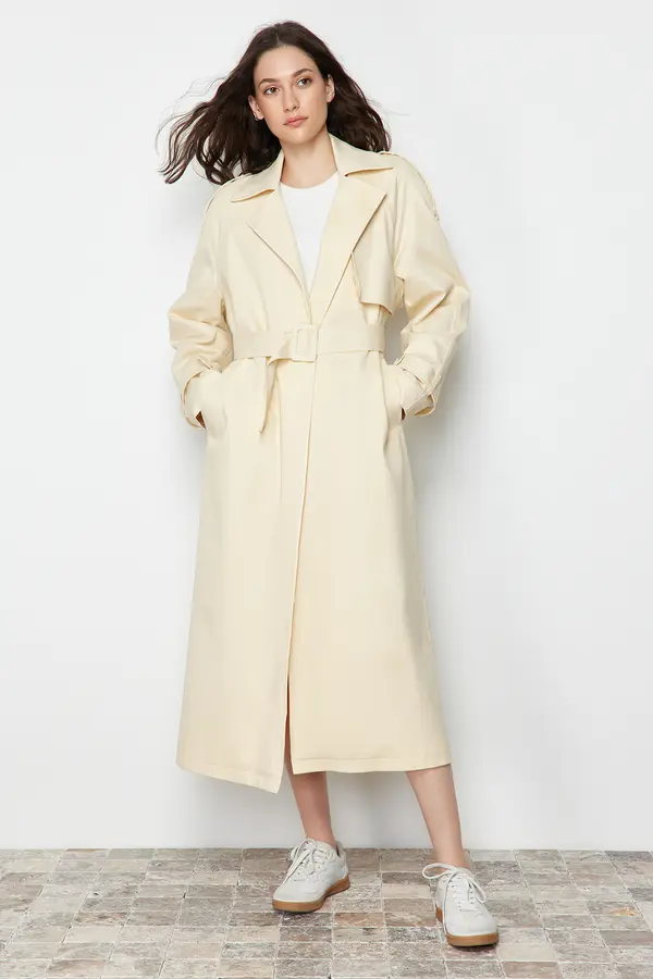 Trendyol Trendyol Light Yellow Oversize Wide Cut Belted Trench Coat