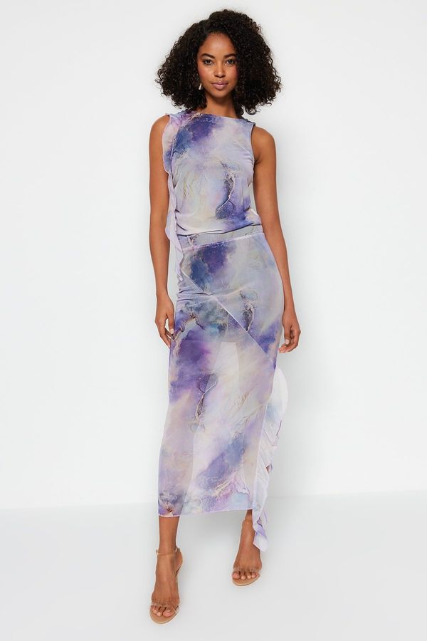 Trendyol Trendyol Lilac Printed Tulle Slit Detailed Ruffled Midi Stretchy Knitted Skirt