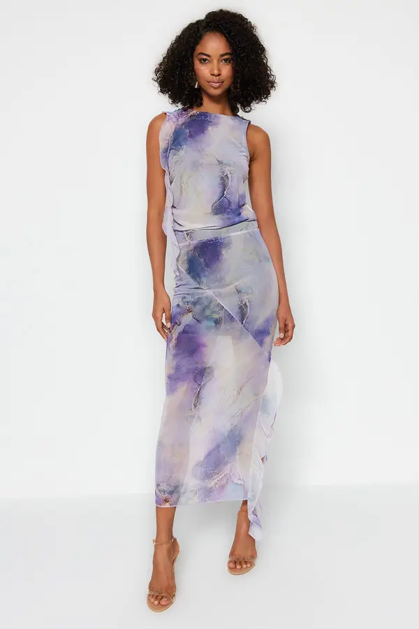 Trendyol Trendyol Lilac Printed Tulle Slit Detailed Ruffled Midi Stretchy Knitted Skirt