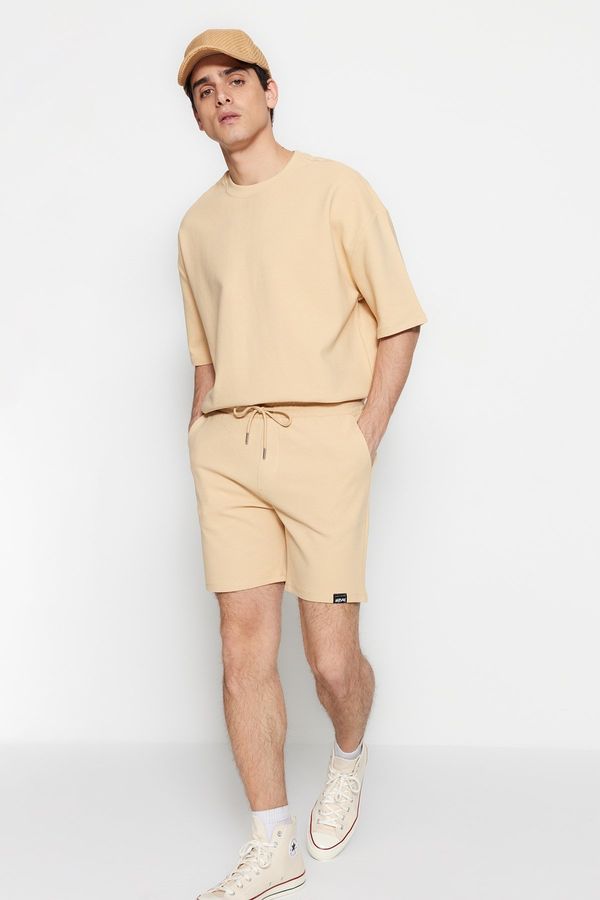 Trendyol Trendyol Limited Edition Beige Regular 100% Cotton Label Detailed Textured Shorts