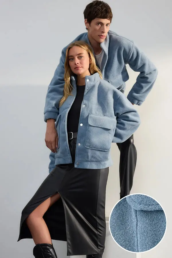 Trendyol Trendyol Limited Edition Blue Regular Fit Stand Collar Pocket Detail Snap Soft Winter Coat