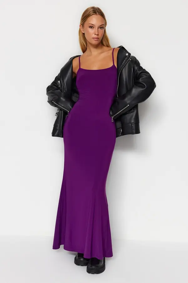 Trendyol Trendyol ljubičasta uklopljena / slip-on maxi, fleksibilna pletena haljina s trakama