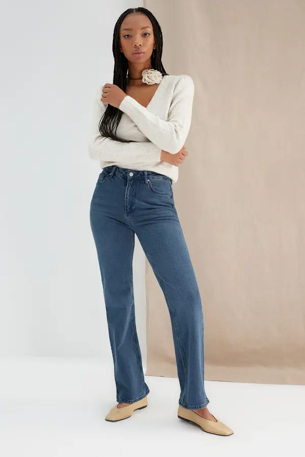 Trendyol Trendyol Midnight Blue High Waist Comfort traperice širokih nogavica