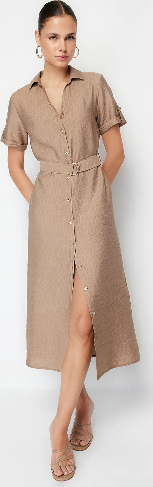 Trendyol Trendyol Mink Belted Midi Woven Shirt Dress
