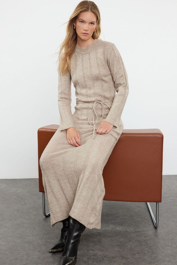 Trendyol Trendyol Mink Maxi Knit Soft Textured Tie Detail Dress