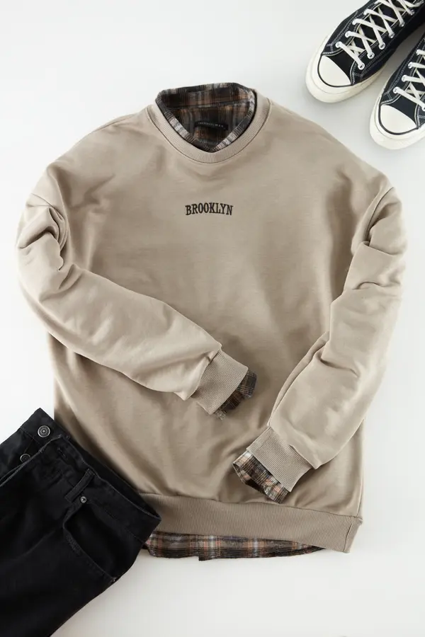 Trendyol Trendyol Mink Oversize/Wide Cut Brooklyn City Text Embroidered Thick Cotton Sweatshirt