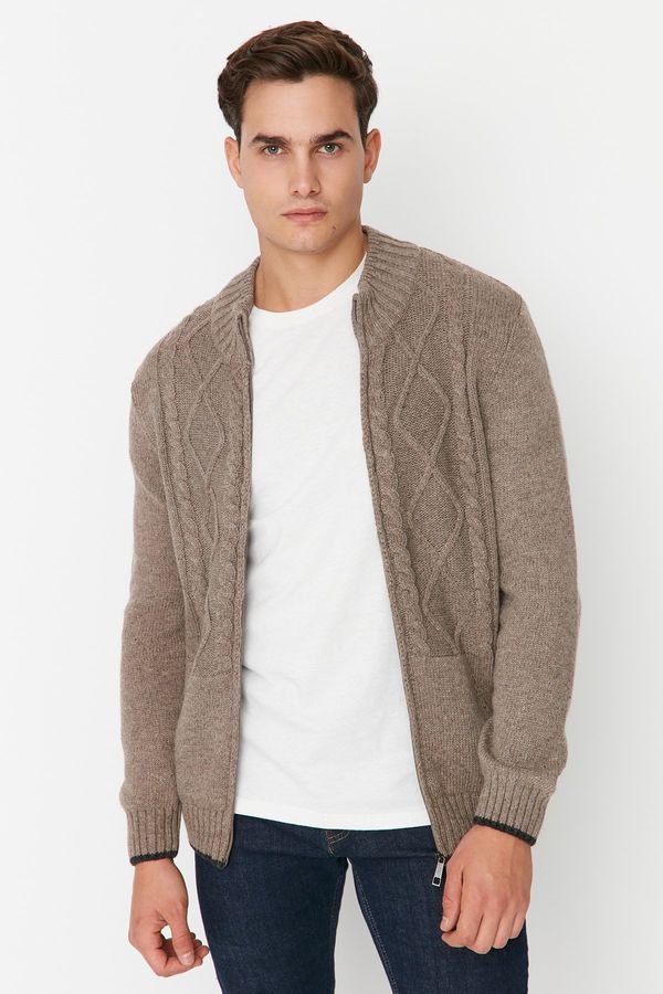 Trendyol Trendyol Mink Slim Fit Knit Detail Zippered Pocket Knitwear Cardigan