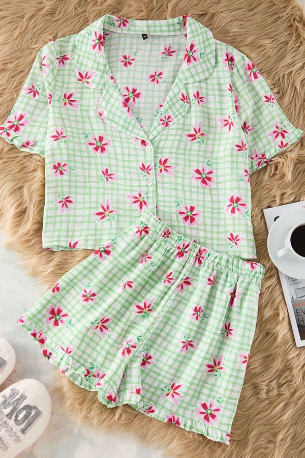 Trendyol Trendyol Mint Floral Ruffle Shally Woven Pajama Set
