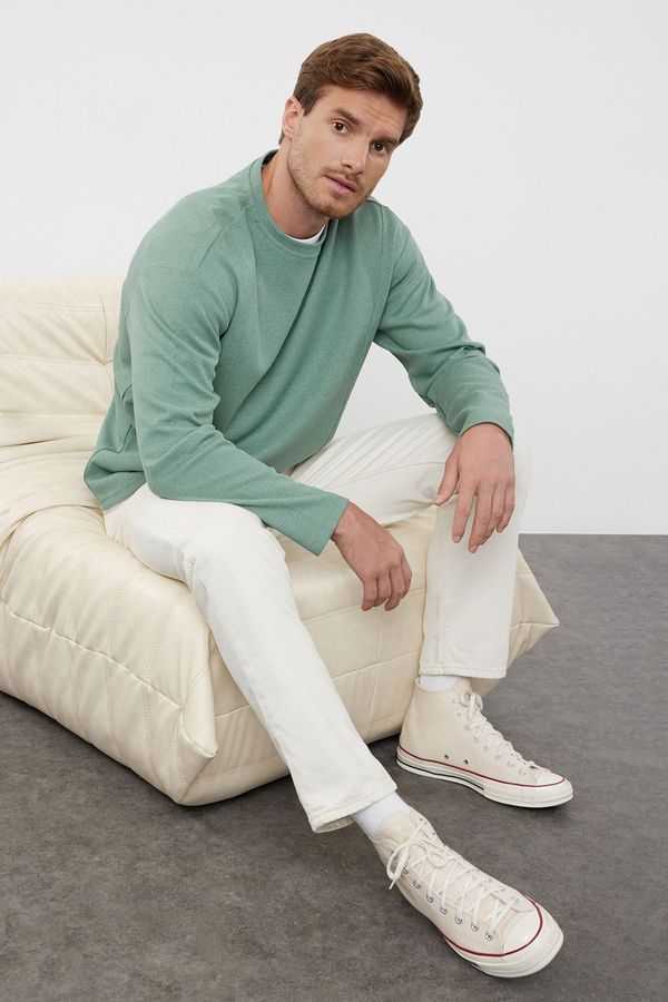 Trendyol Trendyol Mint Oversize/Wide Cut Crew Neck Textured T-Shirt with Stitching Detail