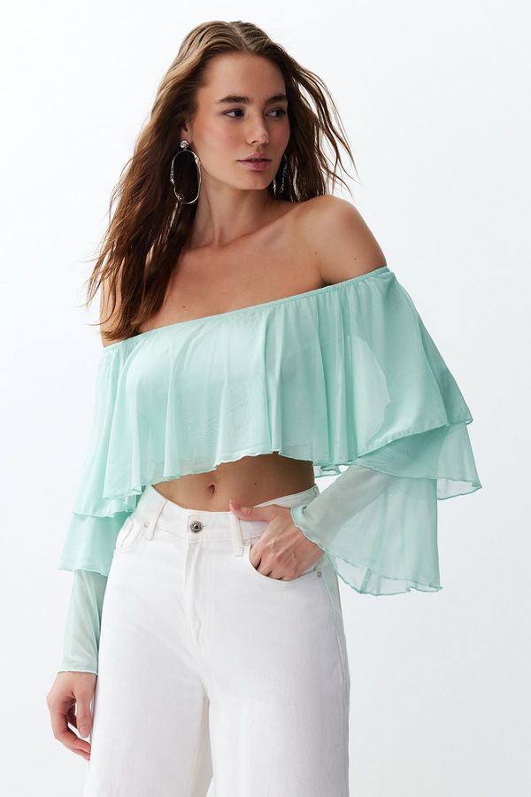 Trendyol Trendyol Mint Ruffle Detailed Long Sleeve Lined Crop/Short Knitted Blouse