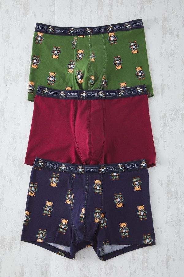 Trendyol Trendyol Multi-Colored 3-Pack Bear Printed-Plain Flexible Cotton Boxer