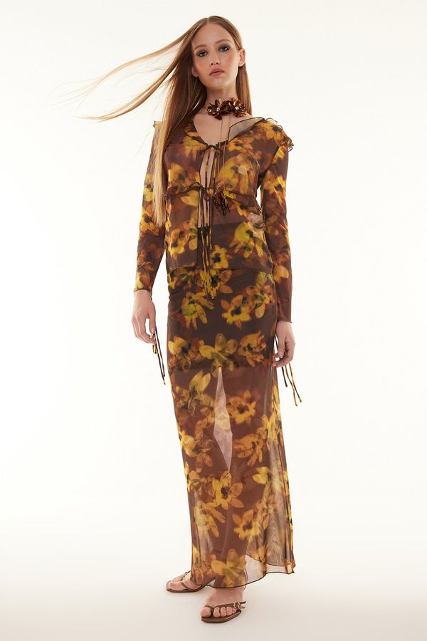 Trendyol Trendyol Multicolored Floral Patterned Lined Knitted Tulle Skirt