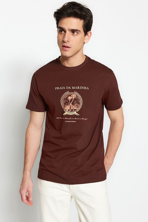 Trendyol Trendyol muška smeđa majica kratkih rukava s vratom redovne posade