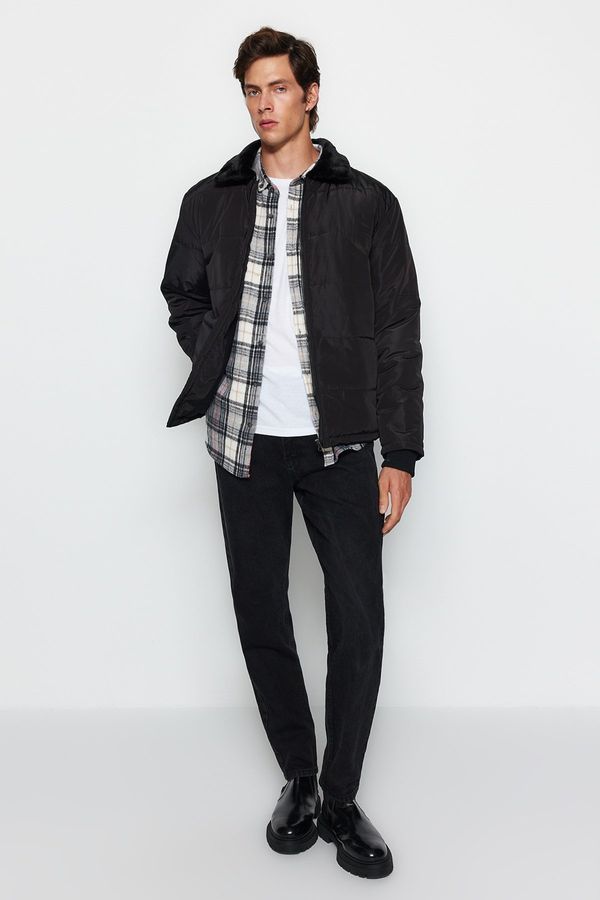 Trendyol Trendyol muški crni regular fit für ovratnik runo obložen debelim kaputom