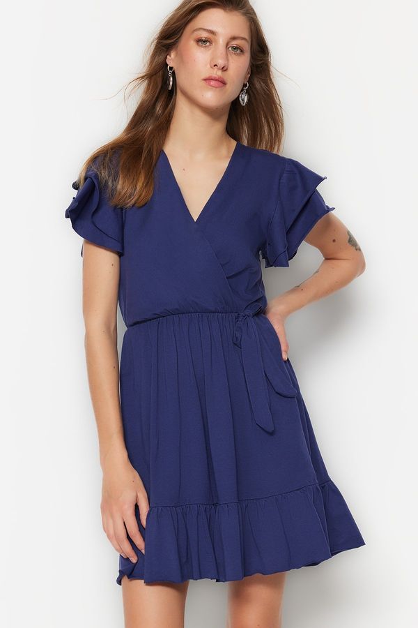 Trendyol Trendyol Navy Blue 100% pamučni volan detaljna mini pletena haljina s dvostrukim kopčanjem s detaljem volana na rukavima