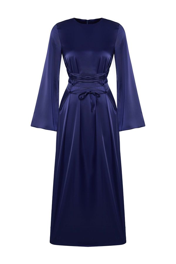 Trendyol Trendyol Navy Blue Brit Detailed Woven Satin Evening Dress