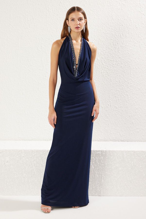 Trendyol Trendyol Navy Blue Cowl Neck Shiny Stone Detailed Knitted Elegant Evening Dress