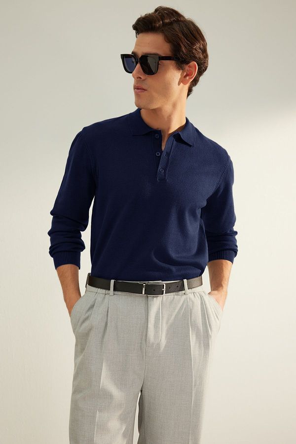 Trendyol Trendyol Navy Blue FL Men's Regular Polo Collar Plain Knitwear Sweater