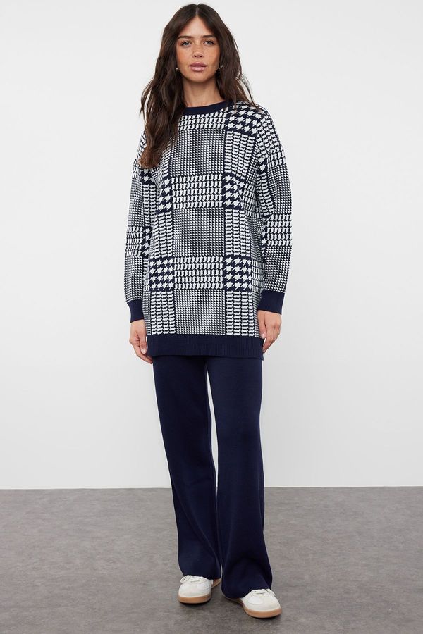 Trendyol Trendyol Navy Blue Houndstooth Patterned Sweater-Pants Knitwear Set