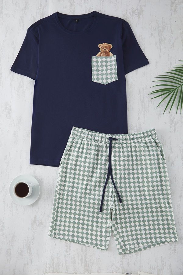 Trendyol Trendyol Navy Blue Regular Plaid Couple/Double Knitted Shorts Pajama Set