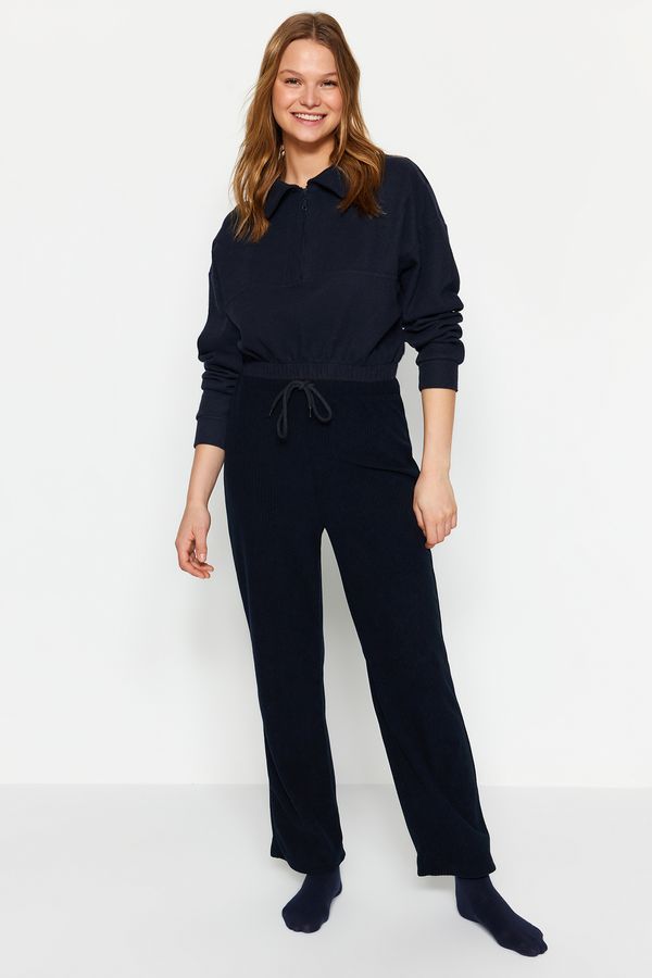 Trendyol Trendyol Navy Blue Soft Feel Velvet Lace Detail Knitted Pajama Bottoms