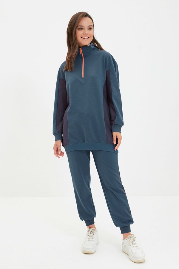 Trendyol Trendyol Navy Blue Stand-Up Collar Zippered With Color Block, Soft Pile Inside, Thick Knitted Tracksuit Set