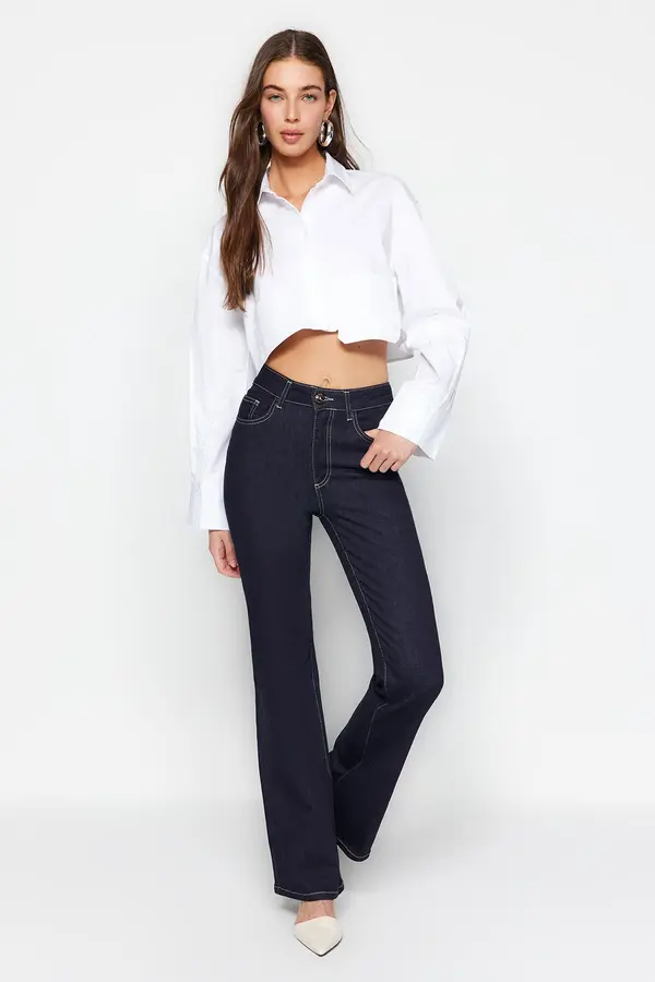Trendyol Trendyol Navy Blue traperice visokog struka s detaljima šivanja
