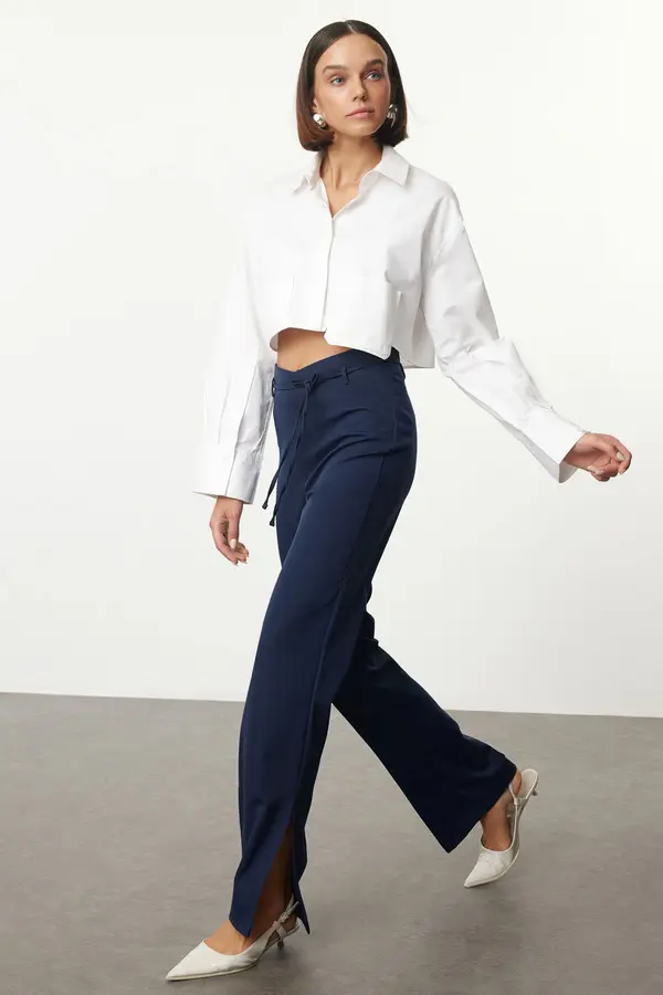 Trendyol Trendyol Navy Blue V Waist Detailed Woven Fabric Trousers