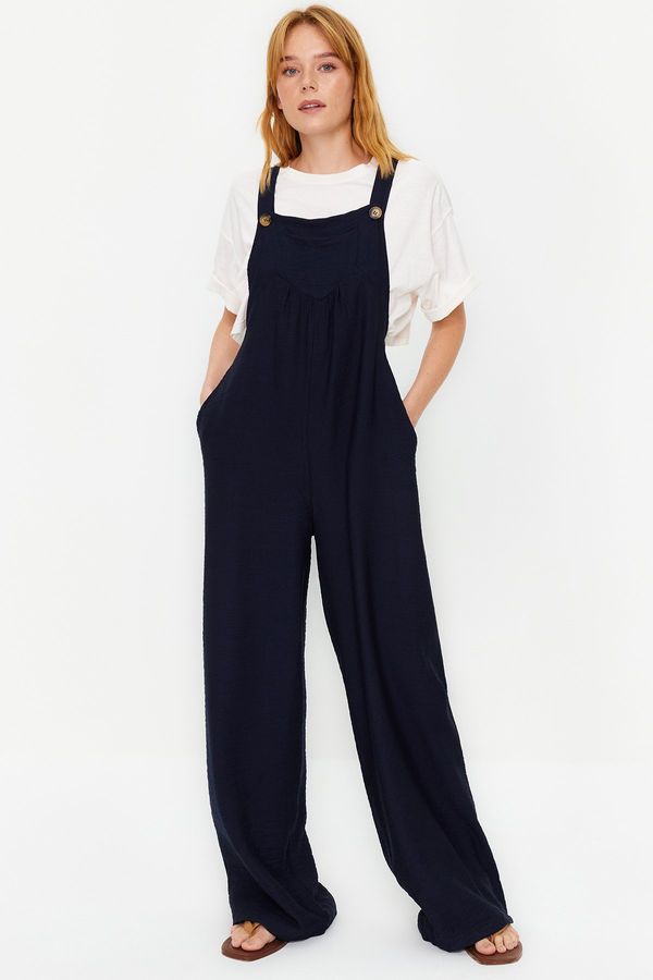 Trendyol Trendyol Navy Blue Wide Leg Maxi Gilet Woven Linen Look Jumpsuit