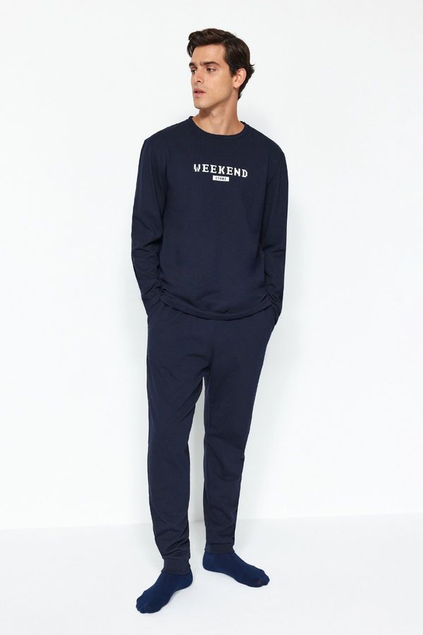 Trendyol Trendyol Navy Regular Fit Printed Knitted Pajamas Set