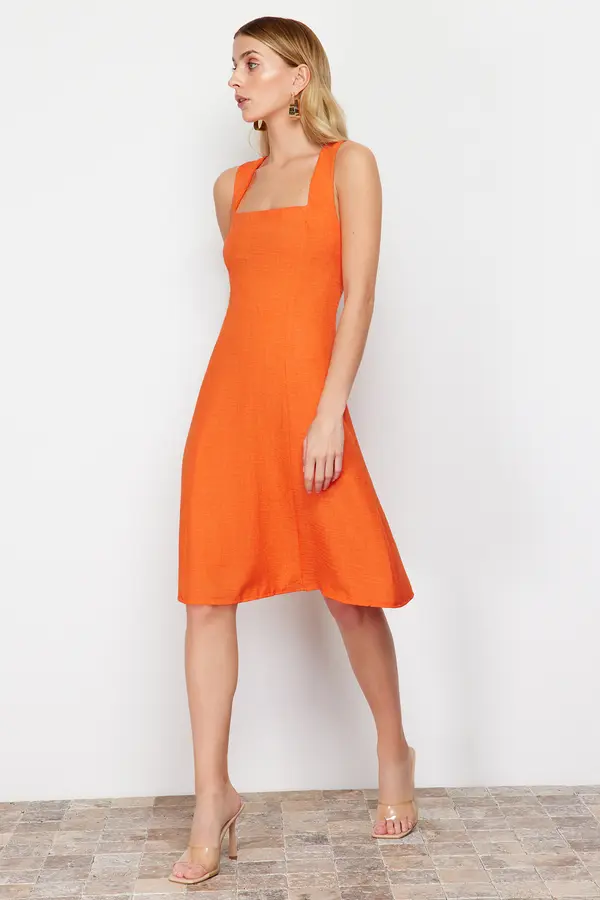 Trendyol Trendyol Orange A-Cut Square Neck Mini Woven Dress