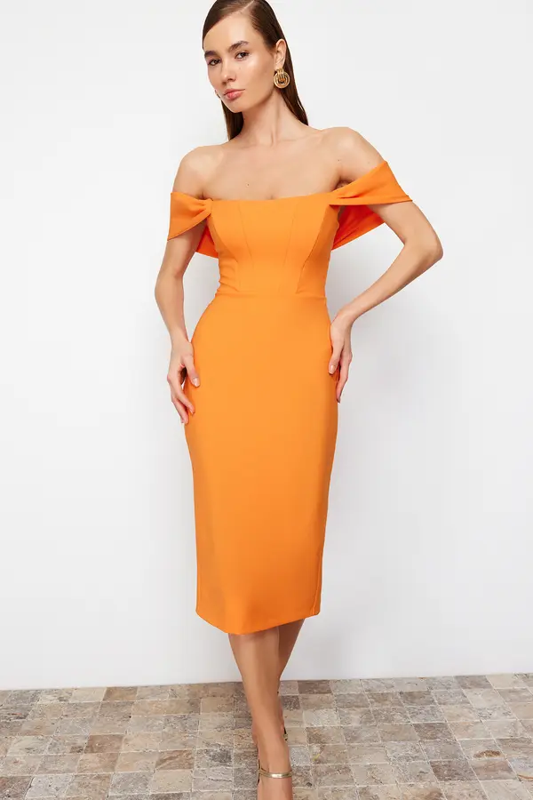 Trendyol Trendyol Orange Fitted Corset Detailed Woven Elegant Evening Dress