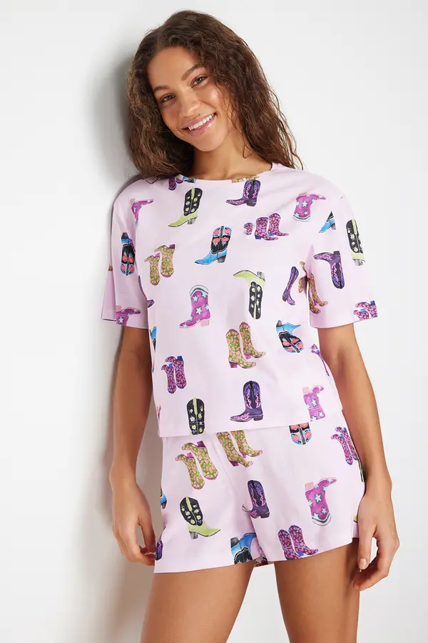 Trendyol Trendyol Pink 100% Cotton Fun Patterned Knitted Pajama Set
