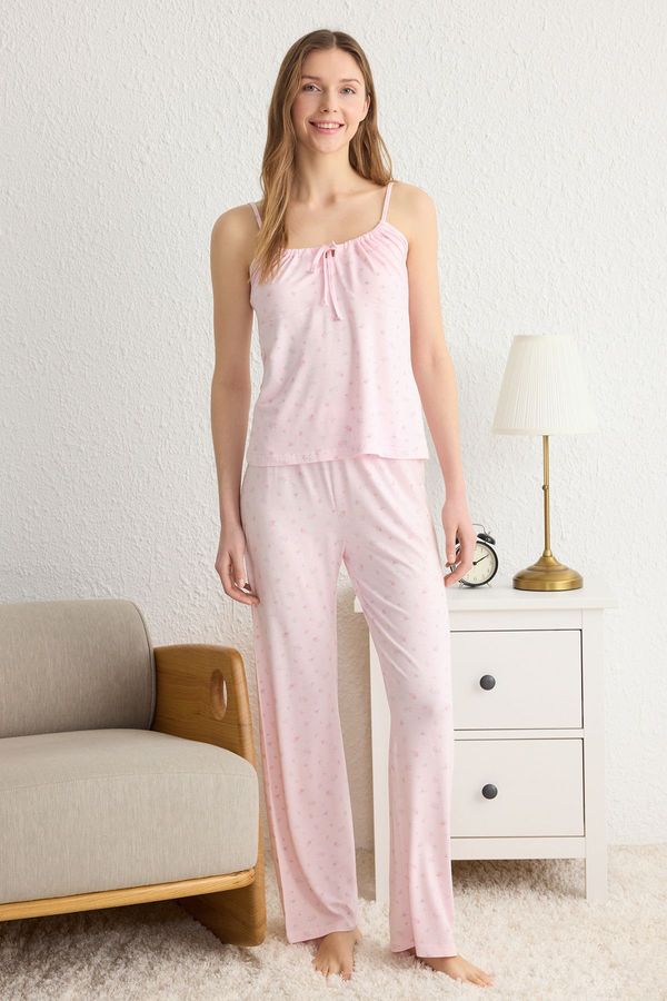 Trendyol Trendyol Pink Floral Tied and Rope Suspender Knitted Pajama Set