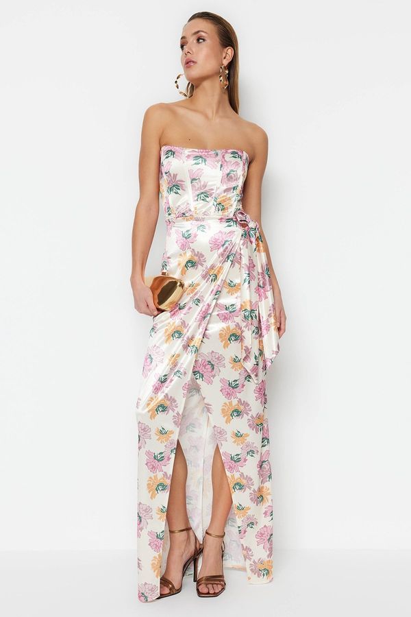 Trendyol Trendyol raznobojna dvostruka grudi pletena satenski cvjetni uzorak duga večernja haljina