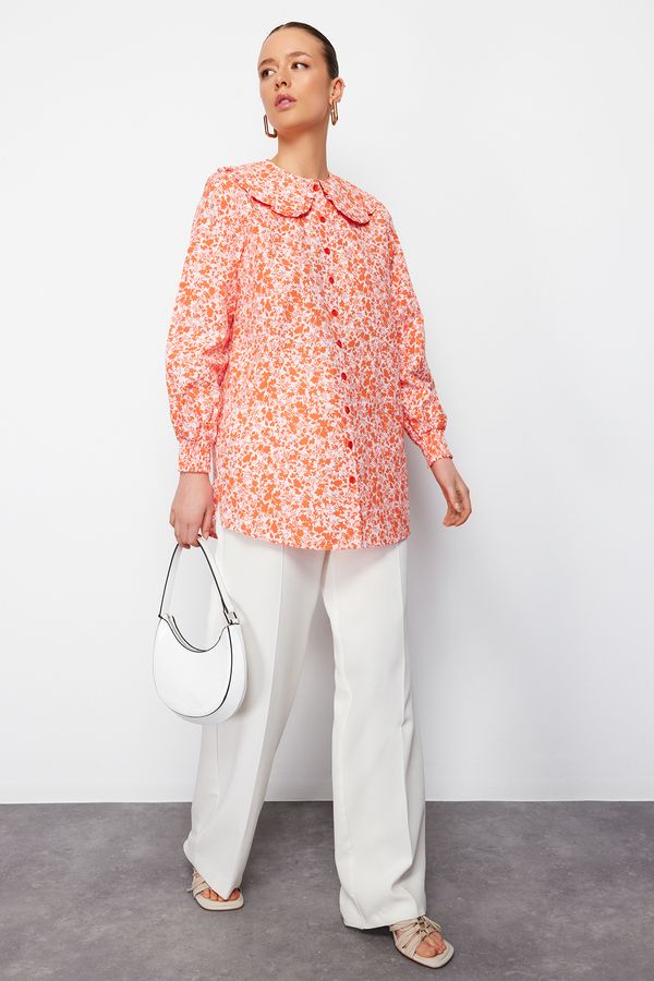 Trendyol Trendyol Red Baby Collar Woven Crispy Flower Patterned Shirt
