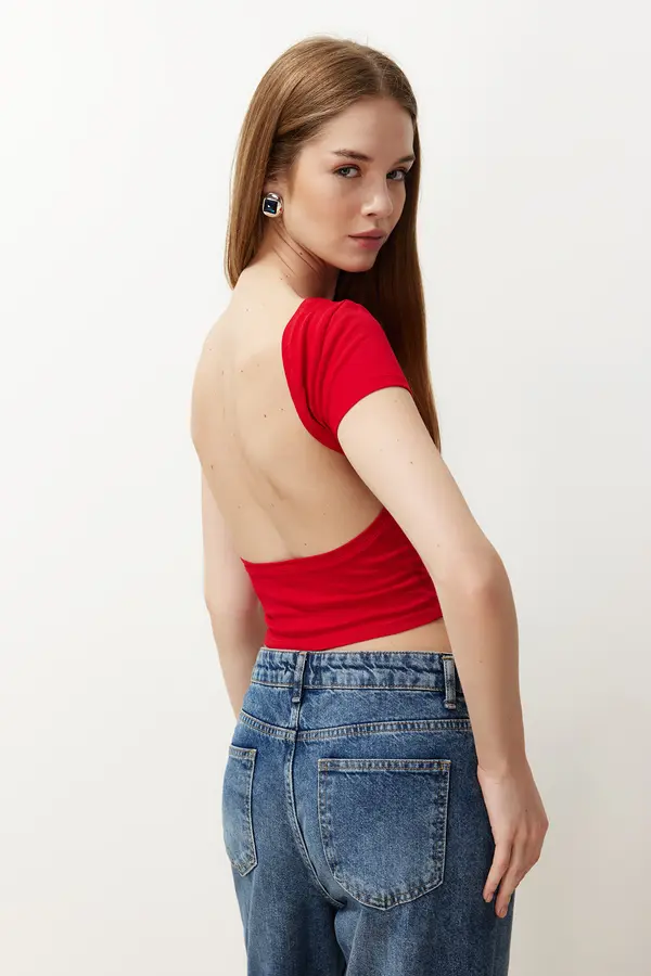 Trendyol Trendyol Red Backless Crop Cotton Stretchy Knitted Blouse
