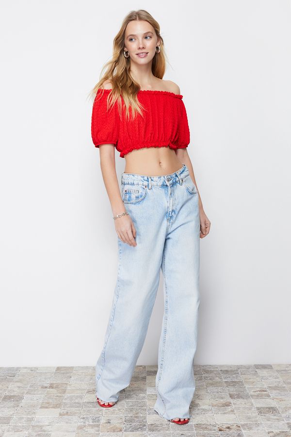 Trendyol Trendyol Red Carmen Collar Wrap Crop Knitted Blouse
