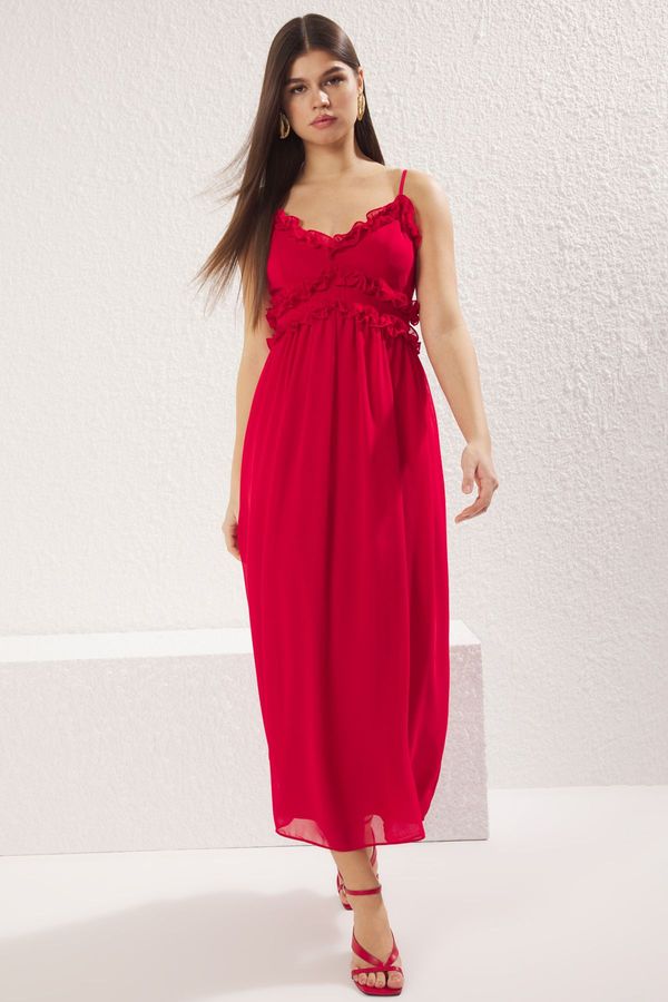Trendyol Trendyol Red Floral Ruffle Maxi Woven Dress with Opening Waist Skirt