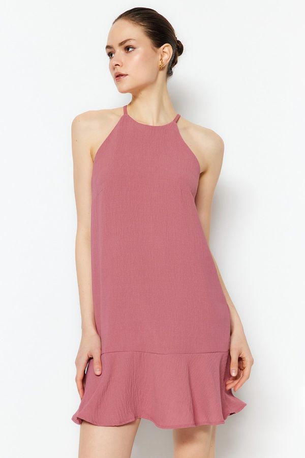 Trendyol Trendyol ružičasta mini tkana suknja ravnog kroja flounce tkana haljina