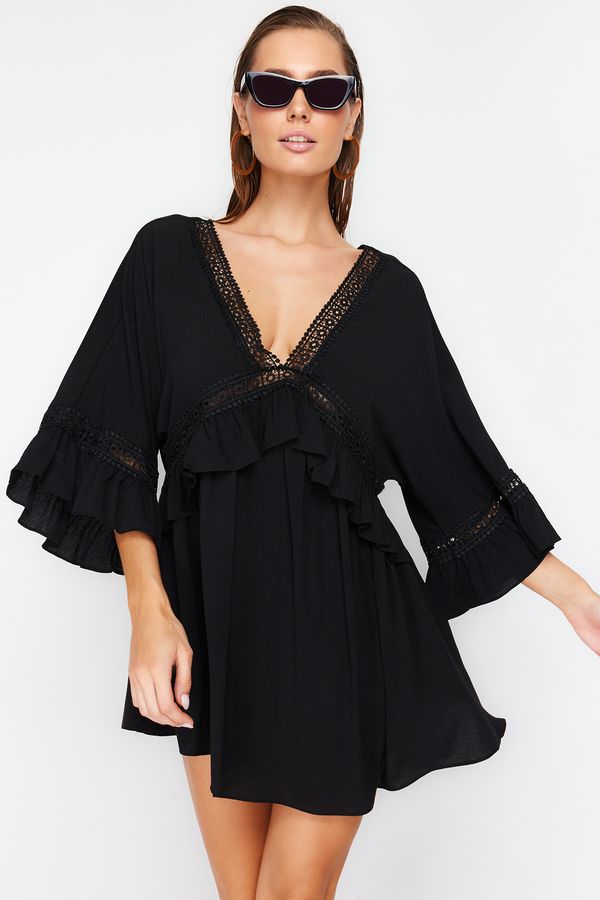 Trendyol Trendyol široki fit crni mini tkanje i frilly haljina za plažu