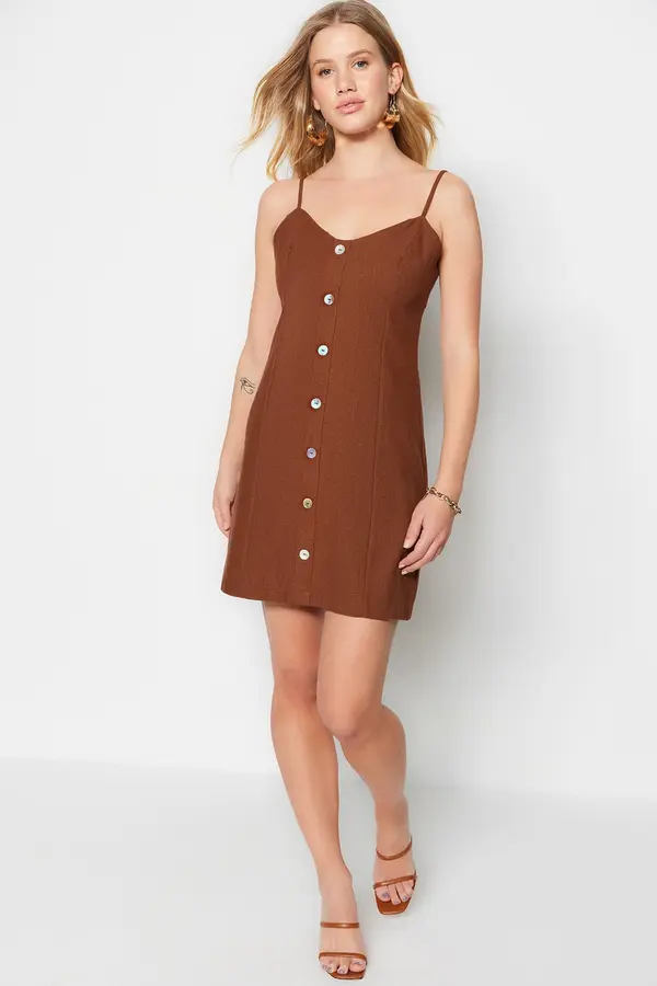 Trendyol Trendyol smeđa petite A-Line Super mini tkana haljina