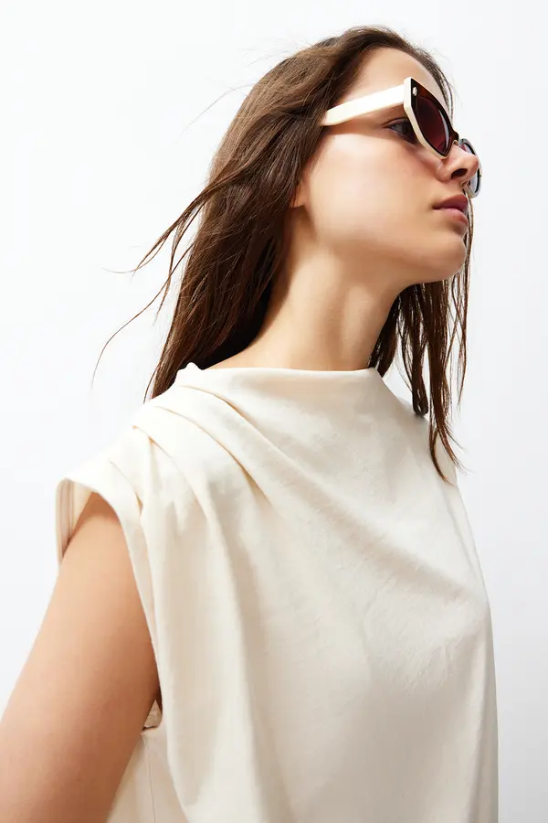 Trendyol Trendyol Stone Boat Neck Zero Sleeve Gathered Knitted T-Shirt