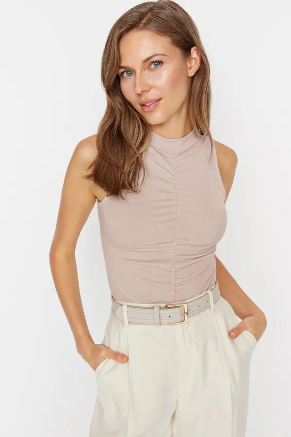 Trendyol Trendyol Stone Gathered Detailed Flexible Snaps Knitted Bodysuit