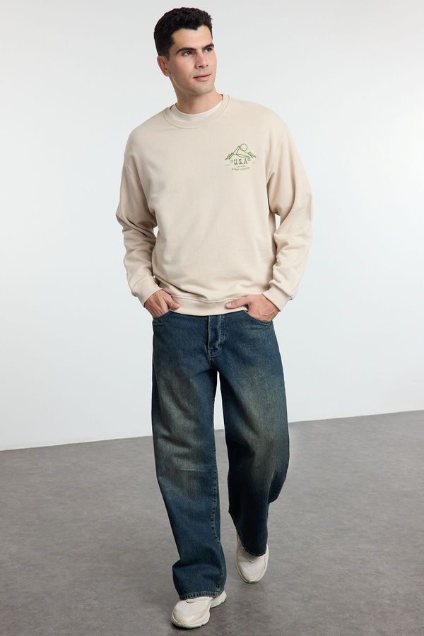 Trendyol Trendyol Stone Oversize/Wide Cut Printed and Embroidered Polar Fleece Sweatshirt