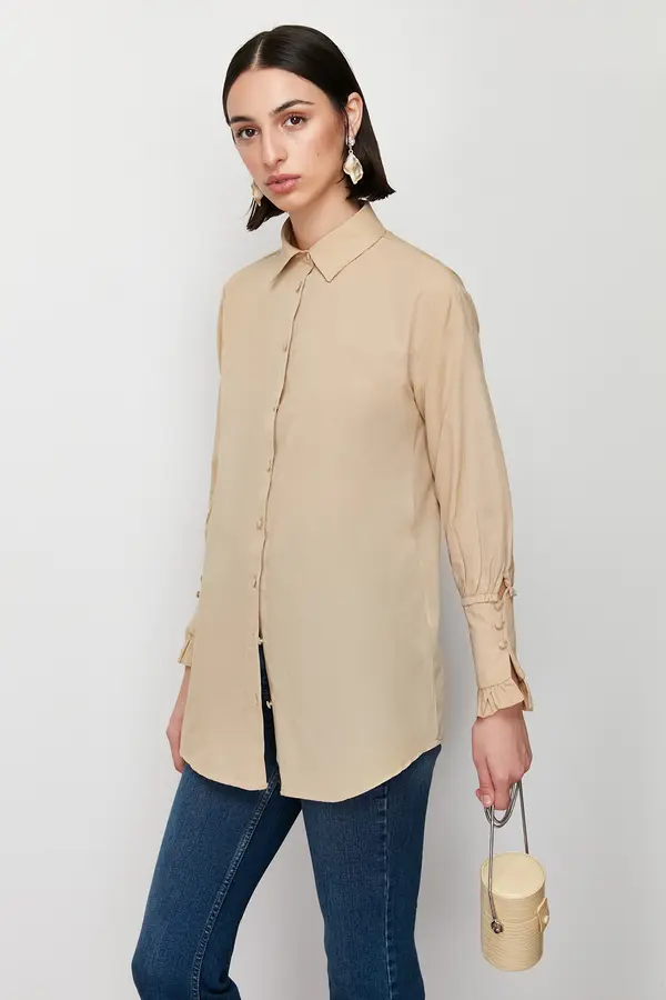 Trendyol Trendyol Stone Ruffle Detailed Cotton Woven Shirt