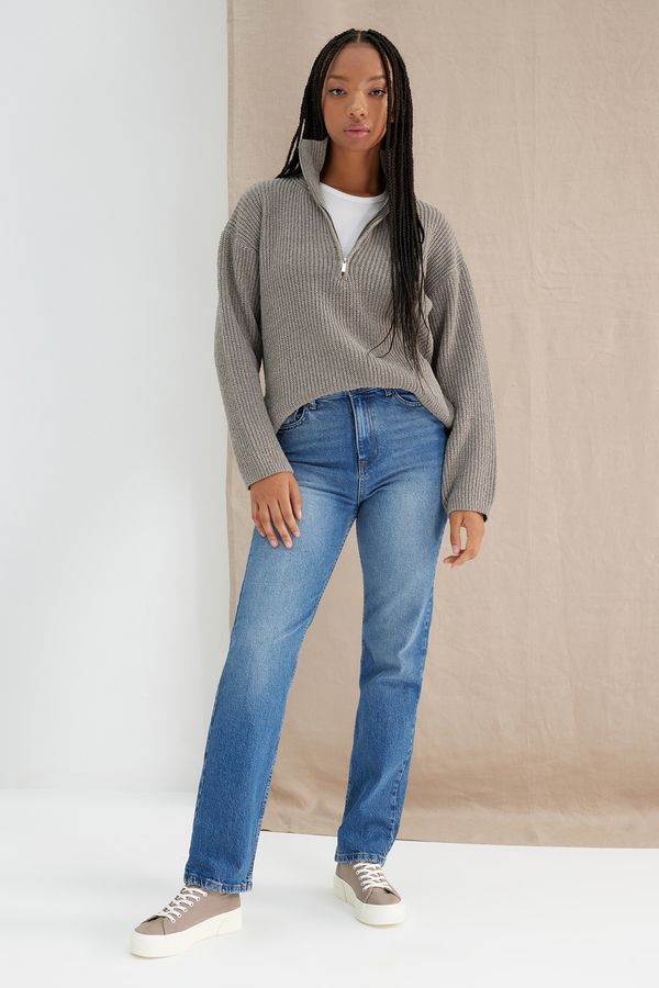 Trendyol Trendyol tamnoplavi visoki struk duga udobnost ravne traperice