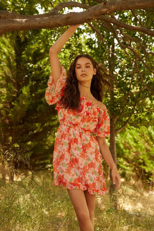 Trendyol Trendyol Višebojna A-linija mini tkana frilly cvjetna tkana haljina