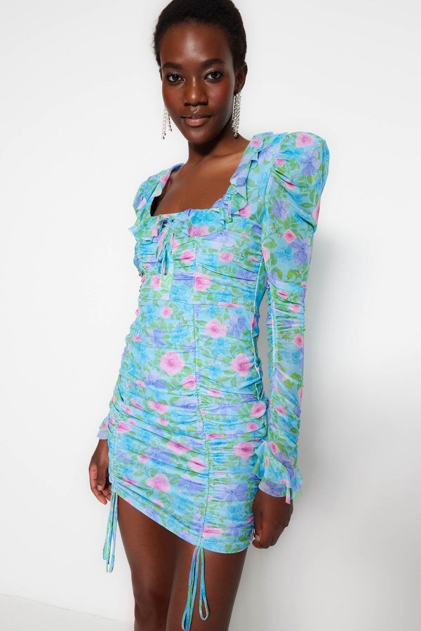 Trendyol Trendyol višebojna večernja haljina s cvjetnim uzorkom u tilu, opremljena posteljinom